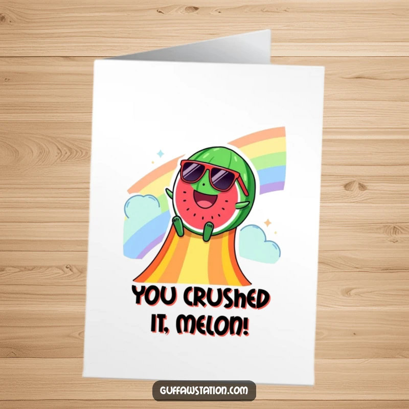 Funny Free Printable Congrats Card: Happy watermelon in sunglasses smoothly sliding down a rainbow, celebrating their win.