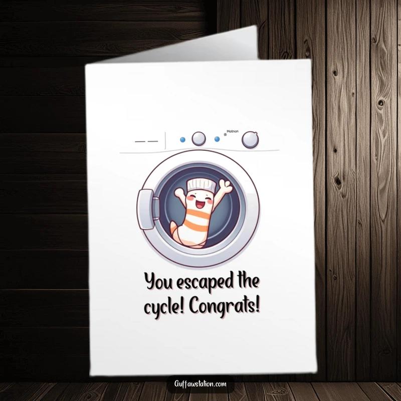 Funny Free Printable Congratulations Card: Triumphant sock waving from the washing machine, celebrating a hilarious escape.