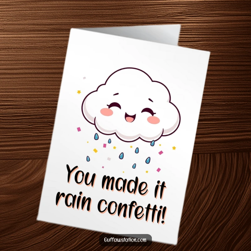 Funny Free Printable Congratulations Card: A happy cloud smiles wide while crying colorful confetti, announcing congratulations.
