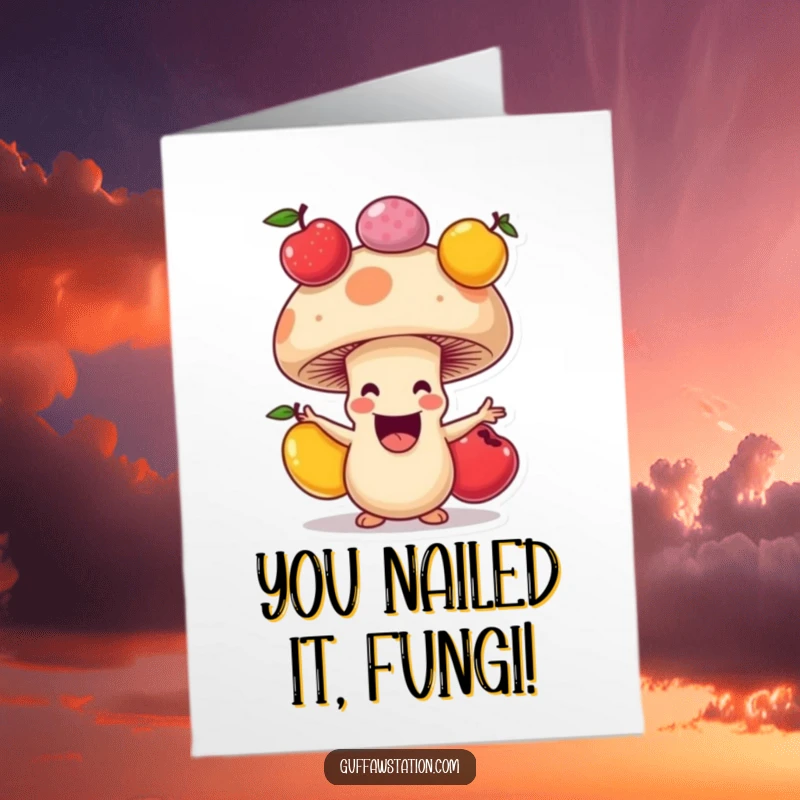 Funny Free Printable Congratulations Card: A happy mushroom gleefully juggling three bright fruits with a big smile.