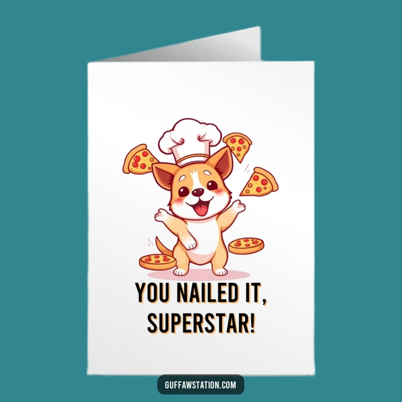 Free Printable Congrats Card: Funny Dog Chef Juggling Pizzas Downloadable Gift