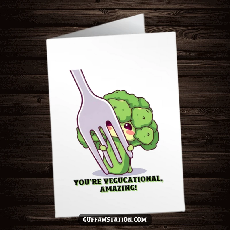Funny Free Printable Congratulations Card: A shy broccoli floret character peeks out from behind a giant fork, offering bashful congratulations.