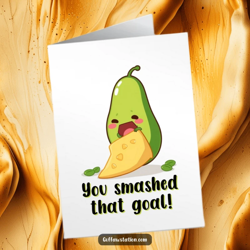 Funny Free Printable Congratulations Card: An avocado with a focused expression clinging to a giant tortilla chip, reaching new heights.