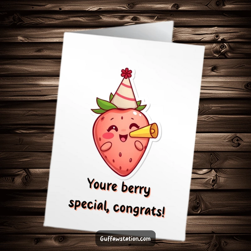 Funny Free Printable Congratulations Card: A cheerful strawberry character in a party hat blowing a horn to celebrate success.