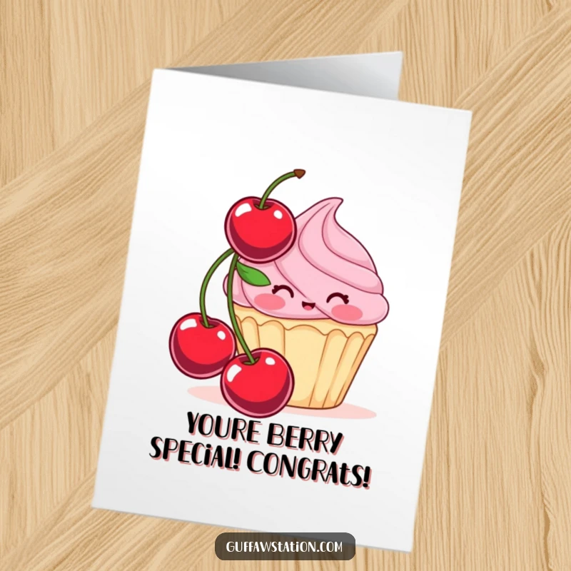 Free Printable congratulations card with a blushing cupcake trying to hide behind a giant cherry. A sweet and humorous way to say congrats.