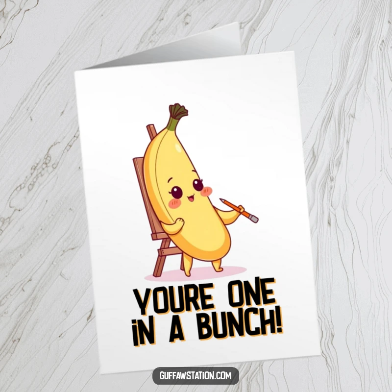 Funny Free Printable Congratulations Card: Blushing banana attempts a self-portrait with its own peel. Creative and amusing.