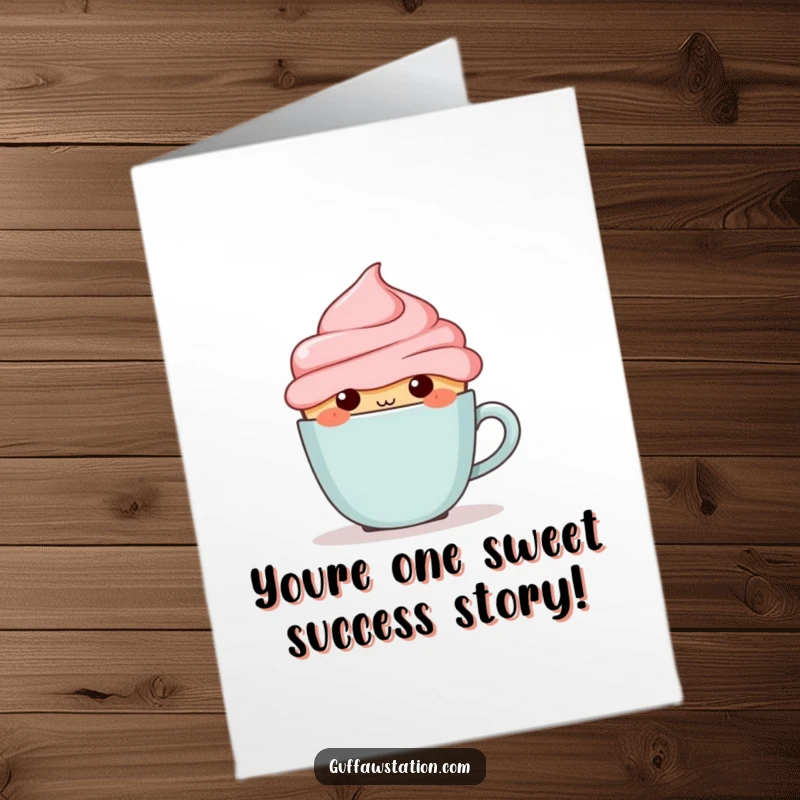 Funny Free Printable Congratulations Card: A blushing cupcake character hiding behind a tiny coffee cup, celebrating an achievement.