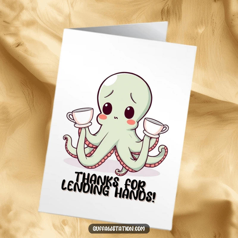Funny Free Printable Thank You Card: A surprised octopus sporting teacups on tentacles offers thanks.