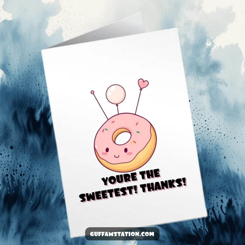 Funny Free Printable thank you card of a chubby donut floating upwards after inflating, a sweet gesture of gratitude.