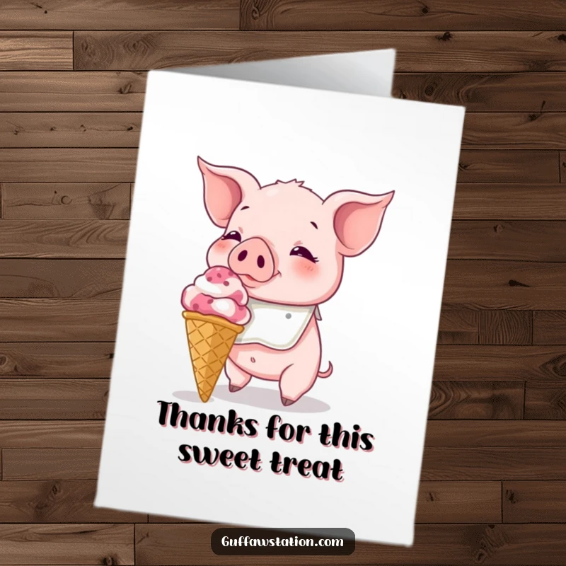 Funny Free Printable Thank You Card: Piglet wearing a bib attempts to devour a massive ice cream cone, sending thanks.