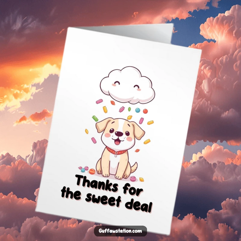 Funny Free Printable Thank You Card: Shy cloud raining colorful candy on a surprised dog, a sweet way to say thanks.