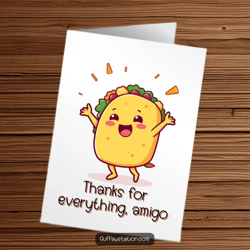 Funny Free Printable Thank You Card: Joyful taco character mid-celebration dance, its contents flying happily.