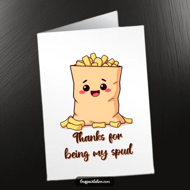 Funny Free Printable Thank You Card: A mischievous potato character hiding behind a giant bag of chips, expressing thanks.