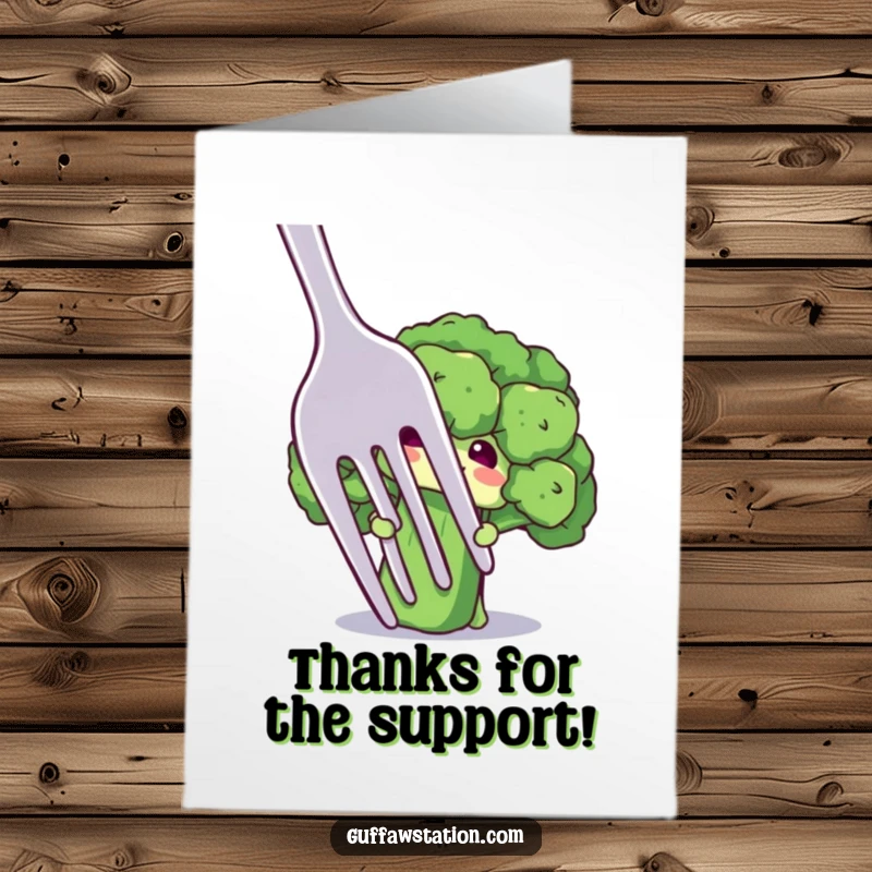 Funny Free Printable Thank You Card: A shy broccoli floret character timidly peeks from behind a huge fork, offering a gentle thank you.