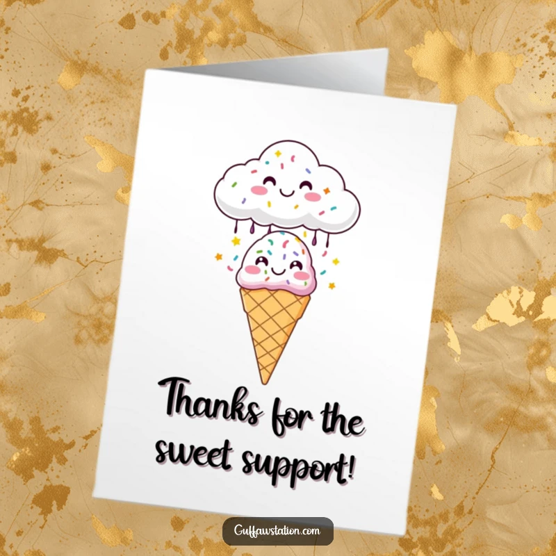 Funny Free Printable Thank You Card: A smiling cloud showering multi-colored sprinkles onto a happy ice cream cone, expressing thanks.