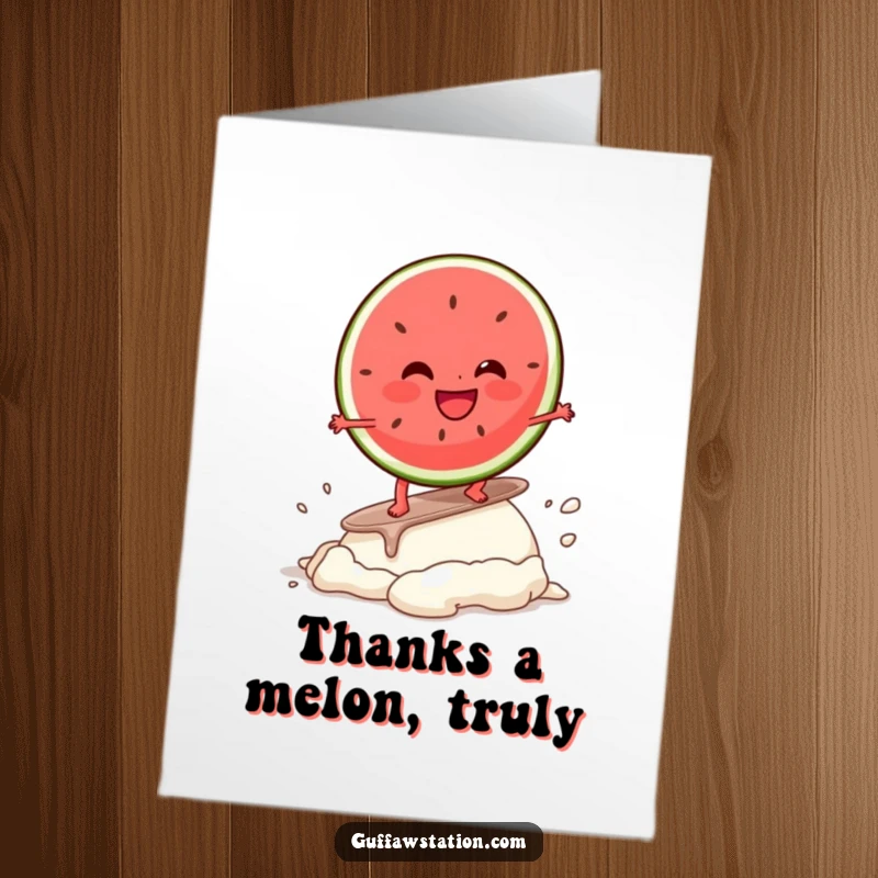 Funny Free Printable Thank You Card: Giggling watermelon surfer on a melting ice cream, sending thanks with glee.