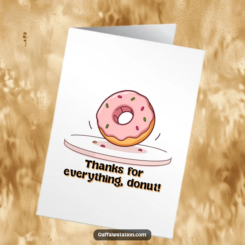 Funny Free Printable Thank You Card: Wobbly donut making a slow-motion exit from a table, expressing thanks.