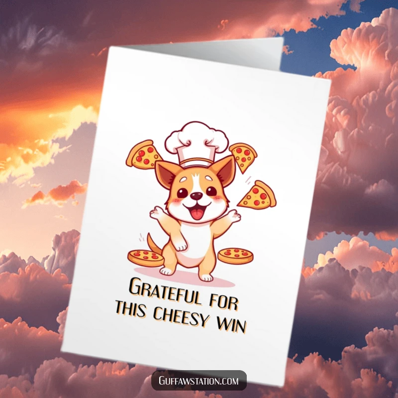 Funny free printable thank you card: A dog wearing a chef hat attempts to juggle three flying pizzas, a comical mess.