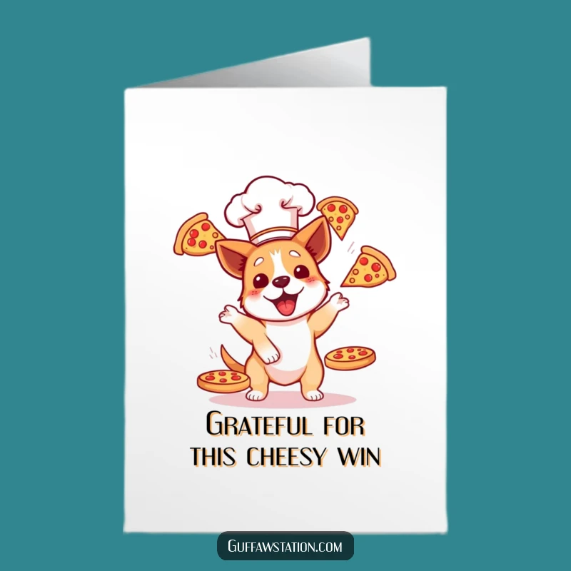 Free Printable Thank You Card: Funny Dog Chef Juggling Pizzas Downloadable Gift