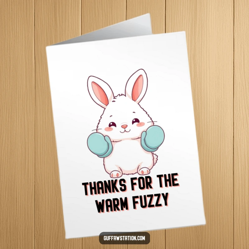 Funny Free Printable Thank You Card: A fluffy bunny accidentally wears oven mitts as mittens, offering a cute and funny thank you.