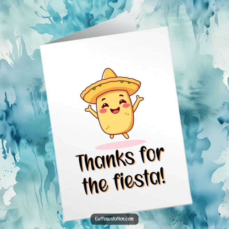 Funny Free Printable Thank You Card: A cheerful taco wearing a sombrero happily dances, conveying thanks with festive energy.