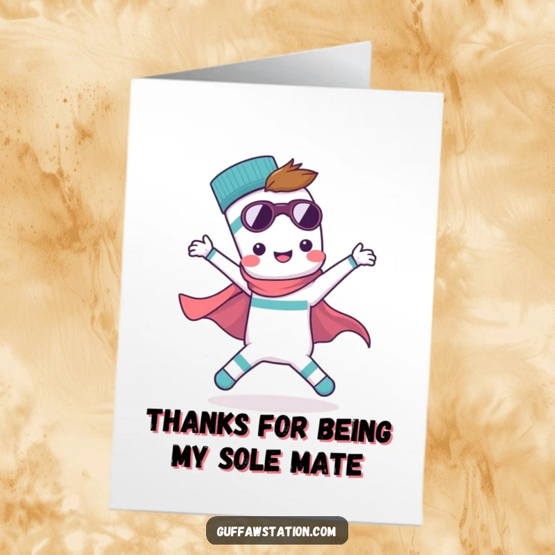Funny Free Printable Thank You Card: A lonely, heroic sock striking a superhero pose, expressing thanks with playful, unmatched gratitude.