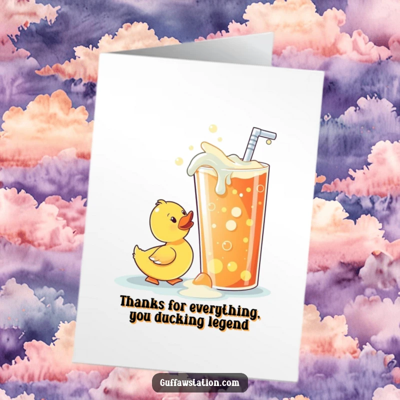 Funny free printable thank you card showing a curious rubber ducky trying to sip from a giant, overflowing soda.