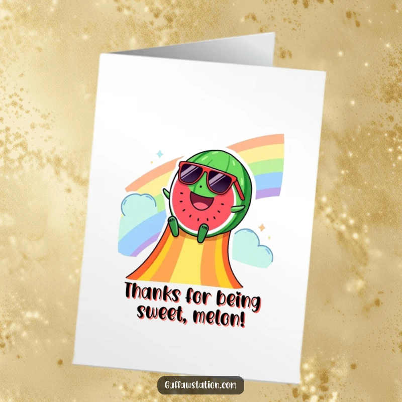 Funny Free Printable Thank You Card: Happy watermelon with sunglasses sliding down a rainbow, a cool thank you message.