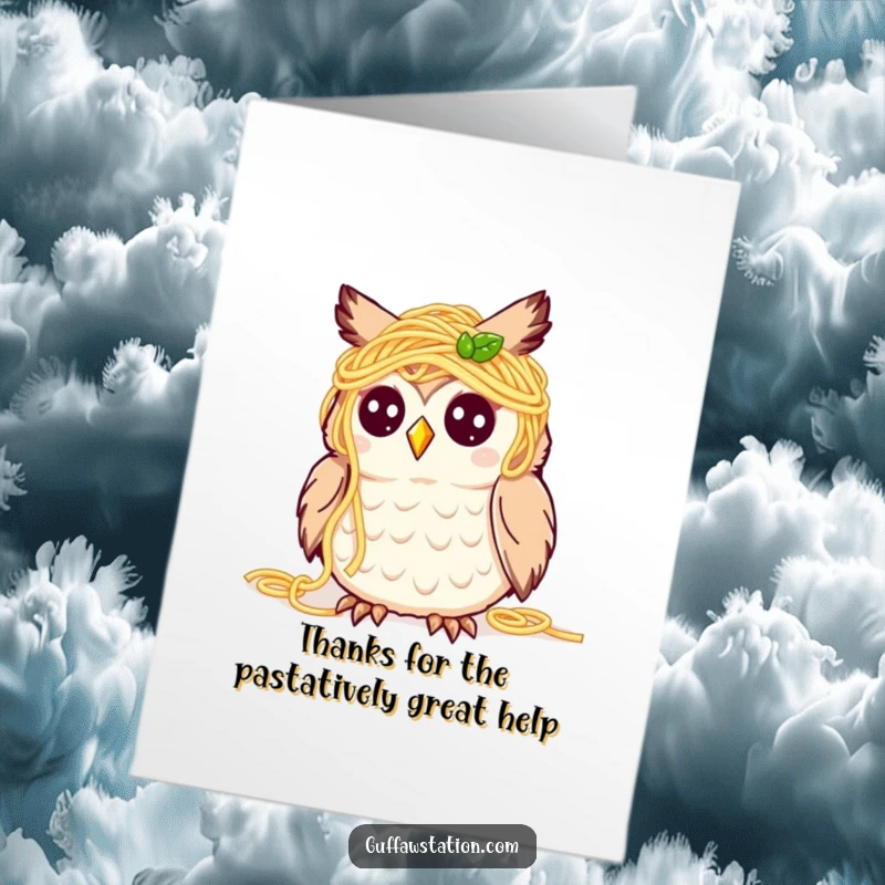 Funny Free Printable Thank You Card: A cute owl covered in spaghetti looks happy despite the mess, offering thanks.