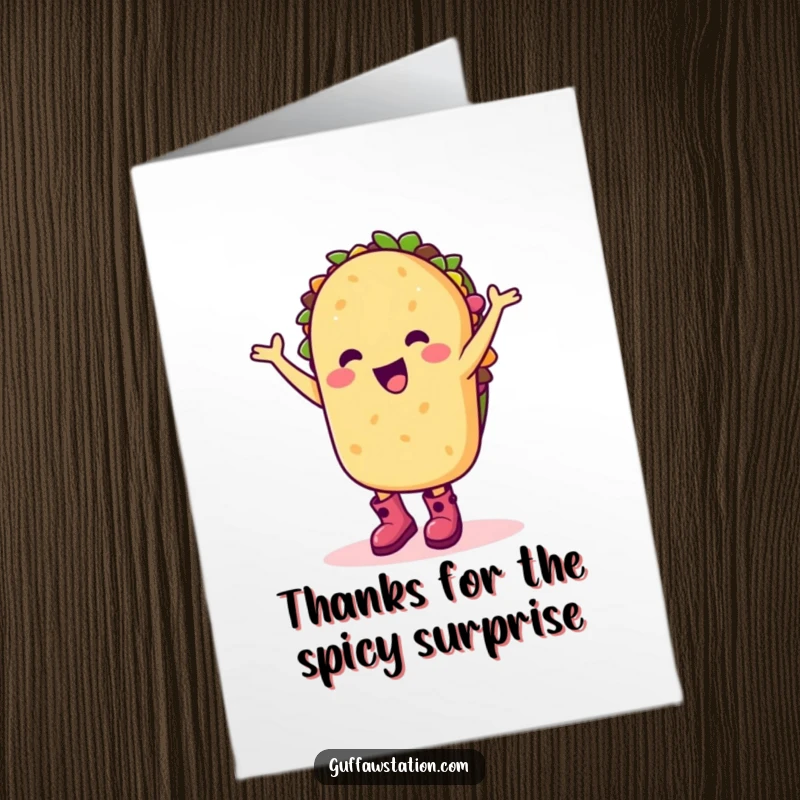 Funny Free Printable Thank You Card: A happy taco wearing boots does a silly dance, offering thanks.