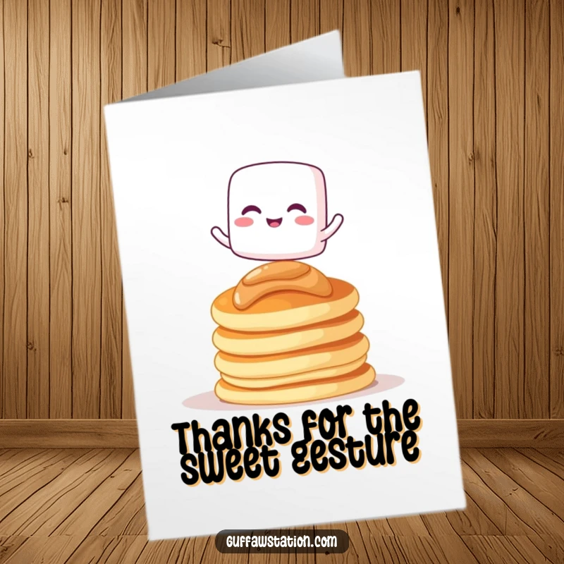 Funny Free Printable Thank You Card: A giggling marshmallow balances on pancakes, conveying thanks with a smile.