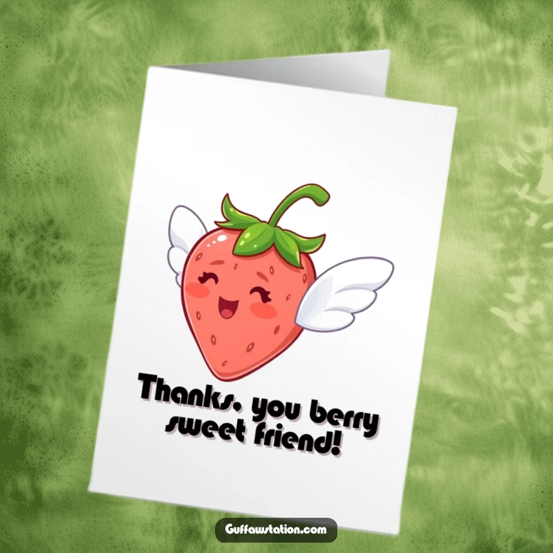 Funny Free Printable Thank You Card: A delighted strawberry with tiny wings flies, expressing thanks.