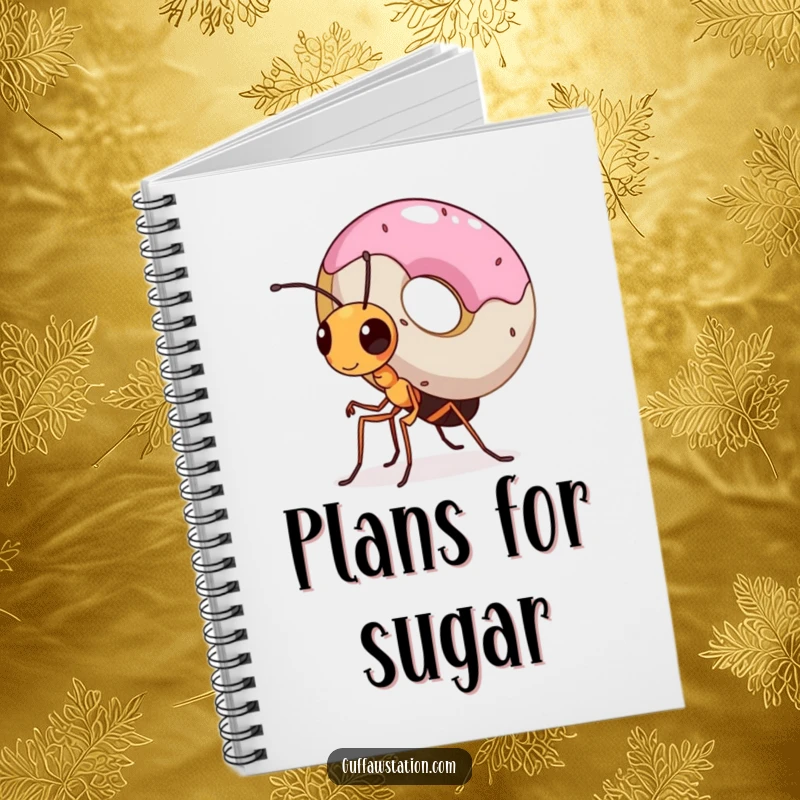 Funny notebook cover with a tiny, determined ant carrying a huge donut, symbolizing big achievements and focused effort.