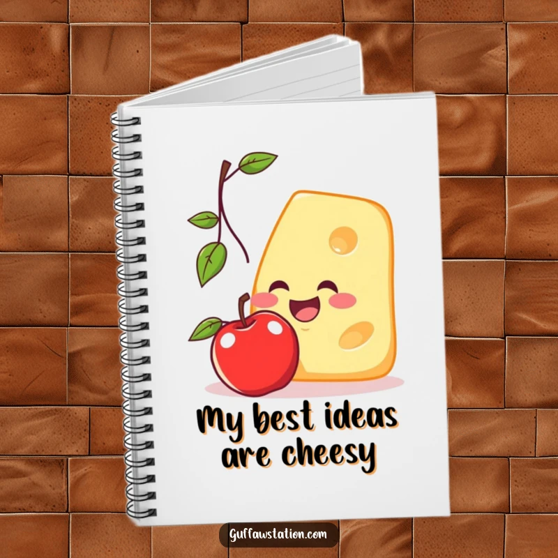 Funny notebook cover showing a smiling cheese slice reaching for a falling apple, perfect for jotting down funny notes and ideas.