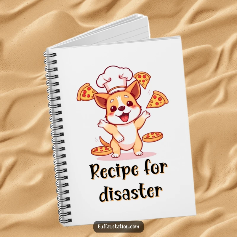 Funny dog chef attempting to juggle three pizzas, depicted on the cover of a spiral-bound notebook for jotting notes.