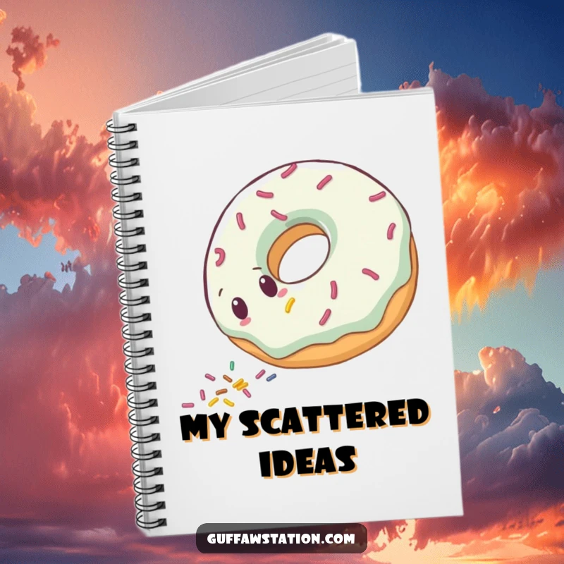 Funny clumsy donut character rolling downhill, leaving sprinkles, on a ruled notebook.