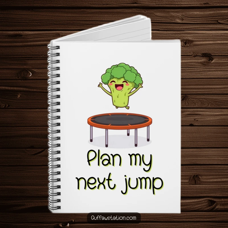 Funny notebook with a giggling broccoli launching itself from a trampoline into the air, perfect for fitness journaling.