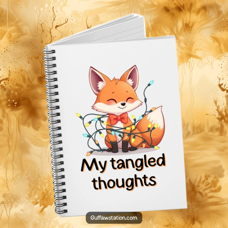 Funny notebook cover illustrating a fox wearing a bowtie humorously ensnared in a jumble of holiday lights, ideal for jotting down festive notes.