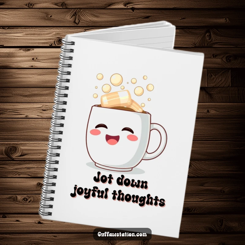 Funny notebook with a happy coffee cup overflowing with steaming, bubbly laughter, perfect for writing and journaling.