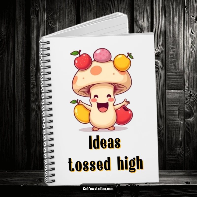 Funny notebook cover featuring a happy mushroom juggling fruits, ideal for jotting down cheerful thoughts and doodles.