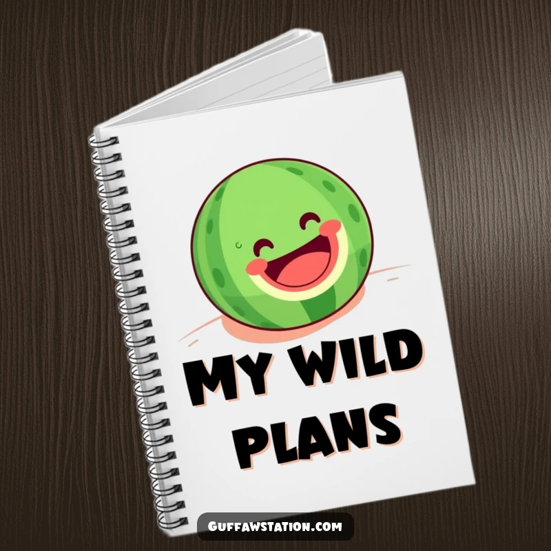 Funny notebook with a happy watermelon with a big grin rolling downhill, ideal for writing notes and summer planning.