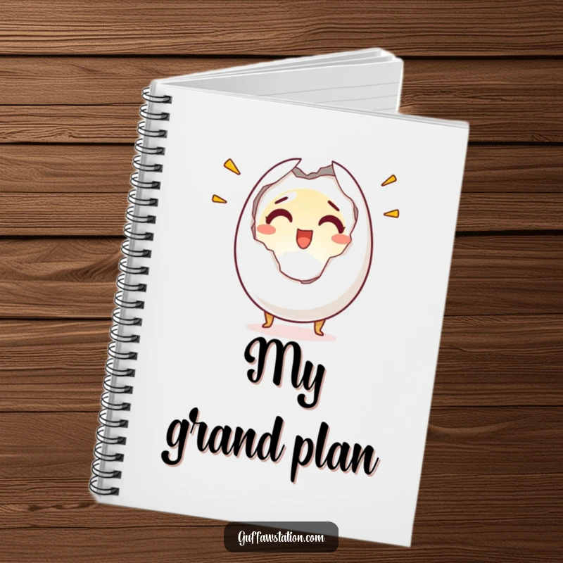Funny notebook with a startled egg character cracking open, perfect for jotting down notes with a surprised and humorous flair.