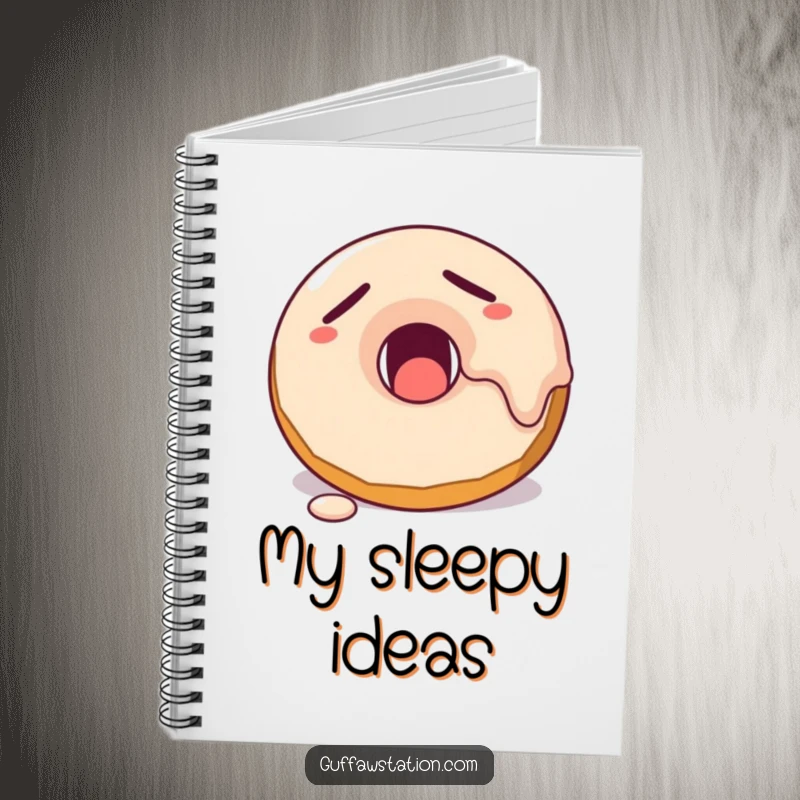Funny sleepy donut yawning with melting frosting on the cover of a humorous and inspiring notebook.