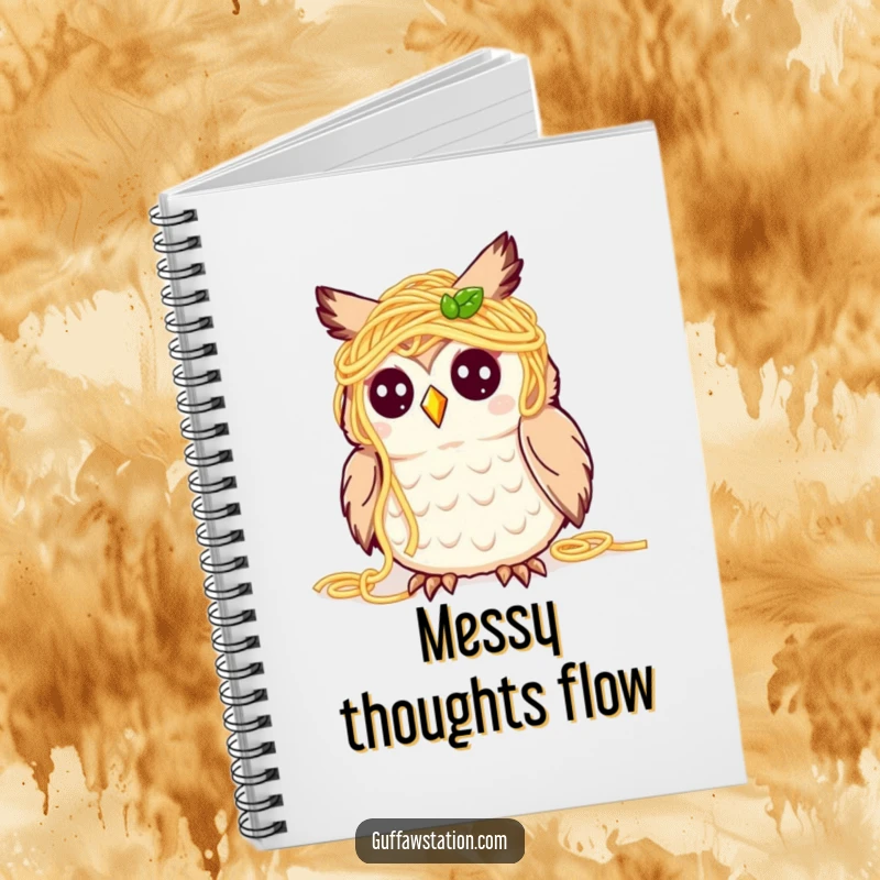 Funny notebook featuring a cute owl covered in spaghetti, looking bewildered but happy, ideal for jotting down notes with culinary humor.