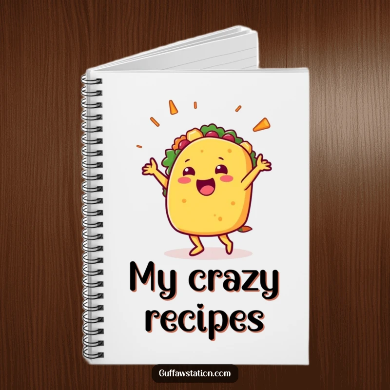 Funny notebook with a happy taco character dancing exuberantly, perfect for jotting down notes with a festive and humorous flair.
