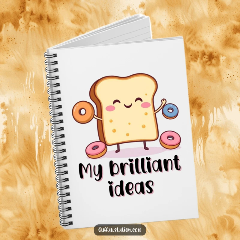 Funny notebook with a design of a cheerful slice of toast juggling donuts, perfect for writing.
