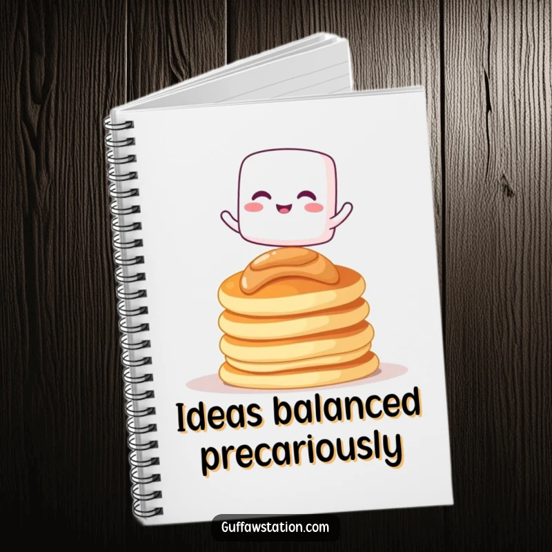 Funny notebook with a giggling marshmallow character balancing on pancakes, perfect for journaling and notes.