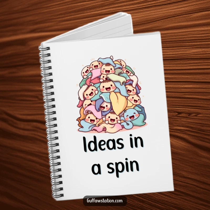 Funny laundry notebook cover featuring a tumbling pile of happy-faced clothes, designed for cheerful note-taking and organization.