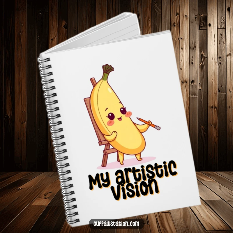 Funny notebook featuring a blushing banana painting its portrait with its peel, designed for jotting down artistic and humorous thoughts.