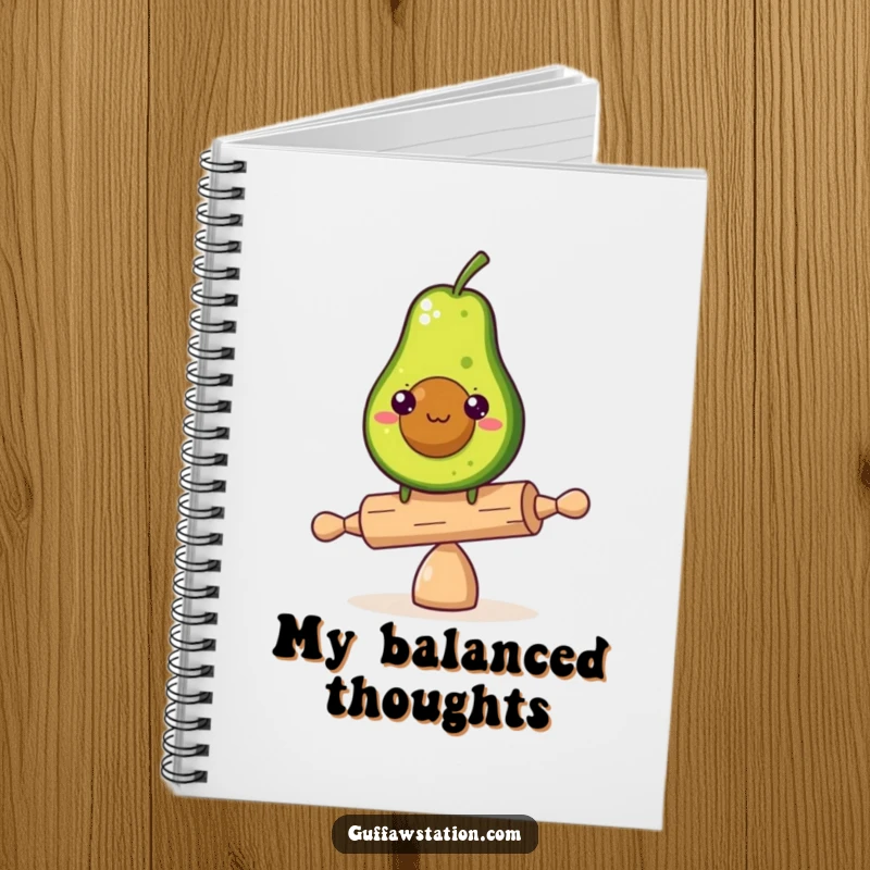 Funny notebook featuring a determined avocado balancing on a tiny rolling pin, designed for jotting down goals and efforts.